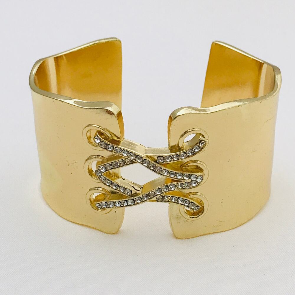 Gold Tone Rhinestone Cuff Bracelet - Wide Intertwined Lacing Design - Statement
